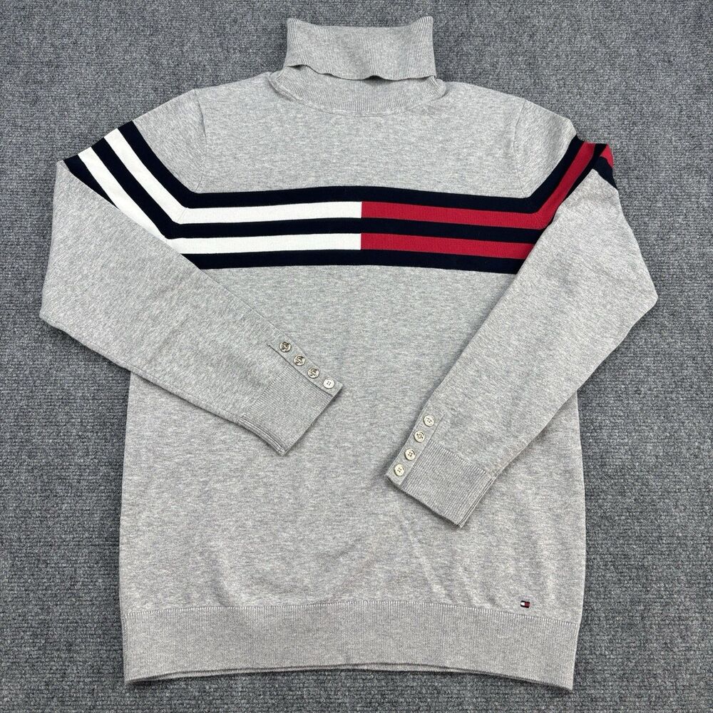Tommy Hilfiger Women’s L Gray Turtleneck Sweater Red Navy White Striped